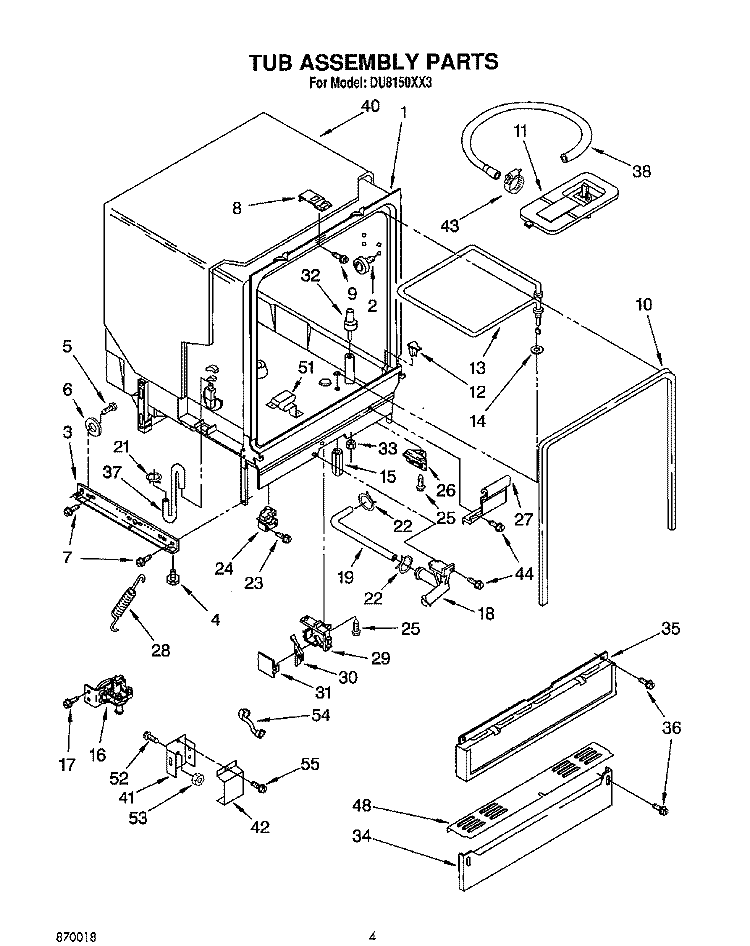 TUB ASSEMBLY, LIT/OPTIONAL Diagram and Parts List for DU8150XX3  Whirlpool Dishwasher
