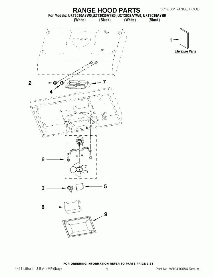 RANGE HOOD PARTS Diagram and Parts List for UXT3036AYB0  Whirlpool Range Hood