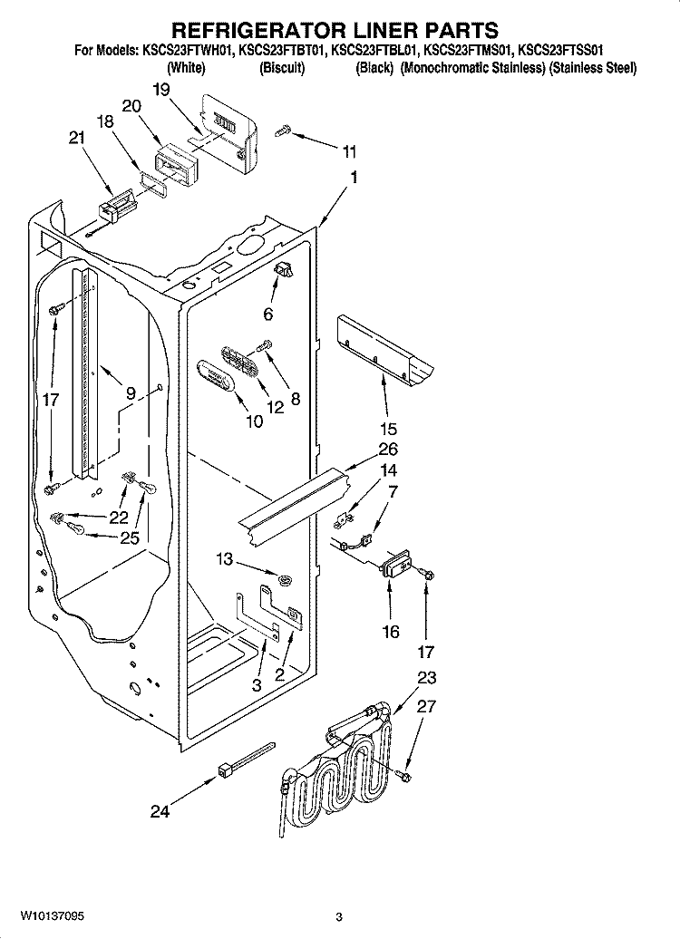 REFRIGERATOR LINER PARTS Diagram and Parts List for KSCS23FTWH01  KitchenAid Refrigerator