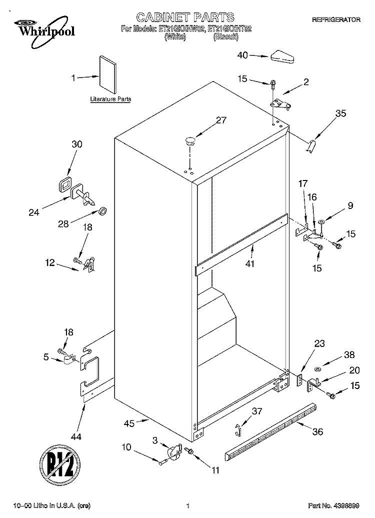 CABINET, LITERATURE Diagram and Parts List for ET21GKXHT02  Whirlpool Refrigerator