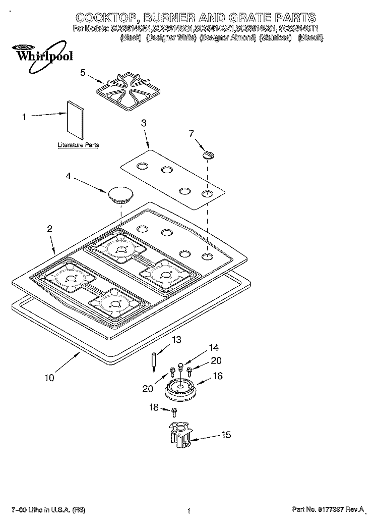 COOKTOP, BURNER AND GRATE Diagram and Parts List for SCS3614GS1  Whirlpool Cooktop
