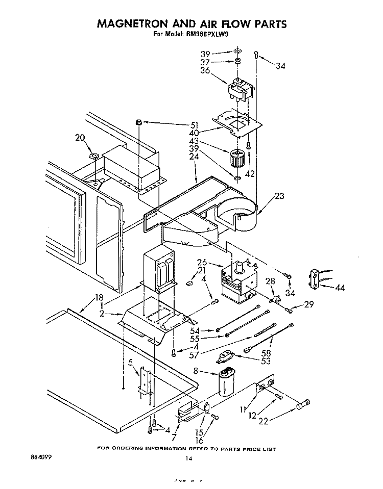 MAGNETRON AND AIRFLOW Diagram and Parts List for RM988PXLW9  Whirlpool Microwave Oven Combo