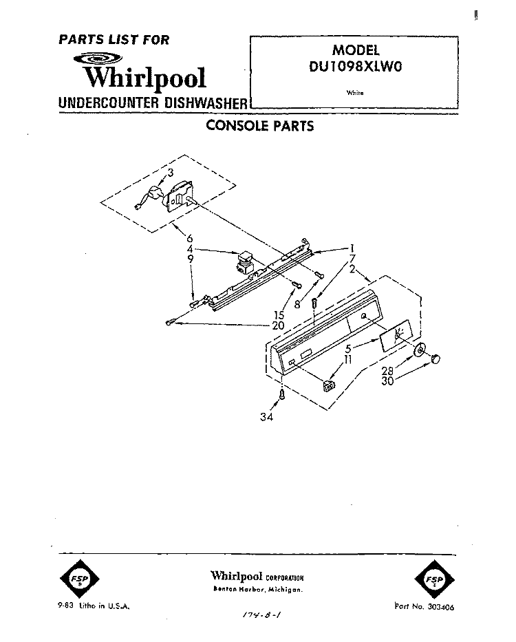 CONSOLE Diagram and Parts List for DU1098XLW0  Whirlpool Dishwasher