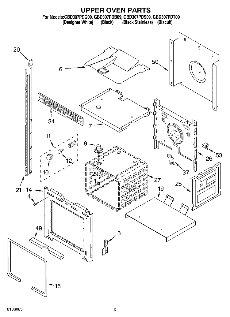 UPPER OVEN PARTS Diagram and Parts List for GBD307PDS09  Whirlpool Wall Oven