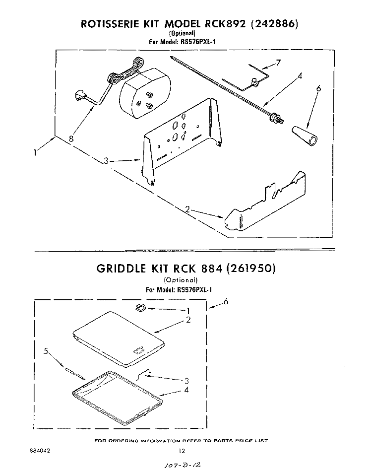 ROTISSERIE KIT RCK 892 (242886) Diagram and Parts List for RS576PXL1  Whirlpool Range