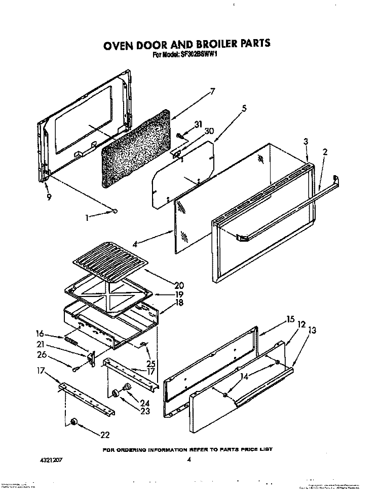 OVEN DOOR AND BROILER Diagram and Parts List for SF302BSWW1  Whirlpool Range