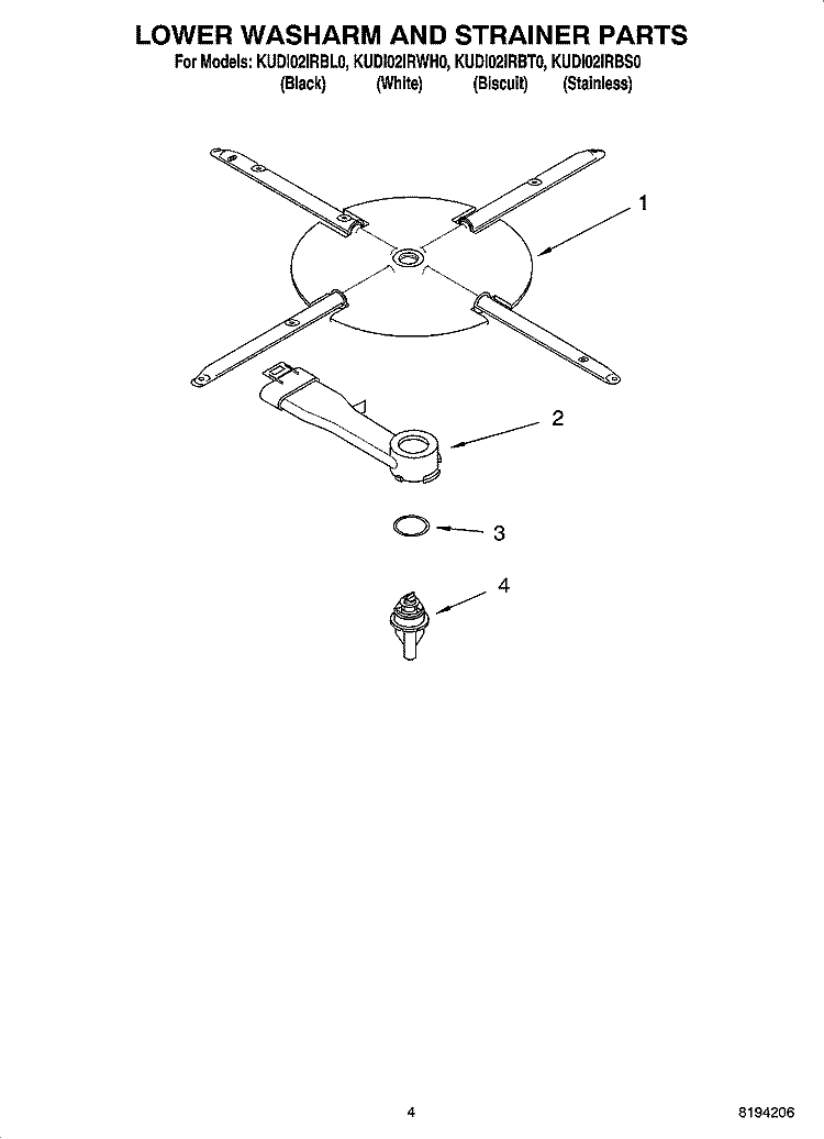 LOWER WASHARM AND STRAINER PARTS Diagram and Parts List for KUDI02IRBT0  KitchenAid Dishwasher