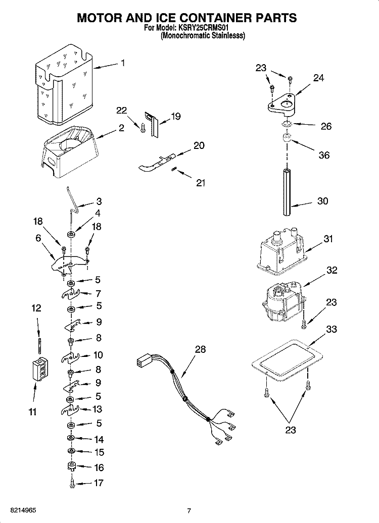 MOTOR AND ICE CONTAINER PARTS Diagram and Parts List for KSRY25CRMS01  KitchenAid Refrigerator