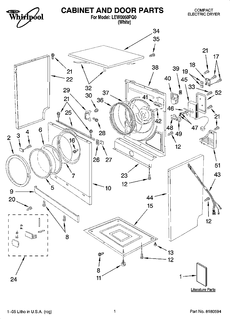 CABINET AND DOOR PARTS Diagram and Parts List for LEW0050PQ0  Whirlpool Dryer