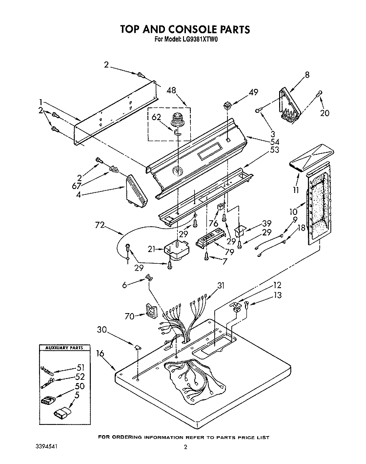 TOP AND CONSOLE, LIT/OPTIONAL Diagram and Parts List for LG9381XTW0  Whirlpool Dryer