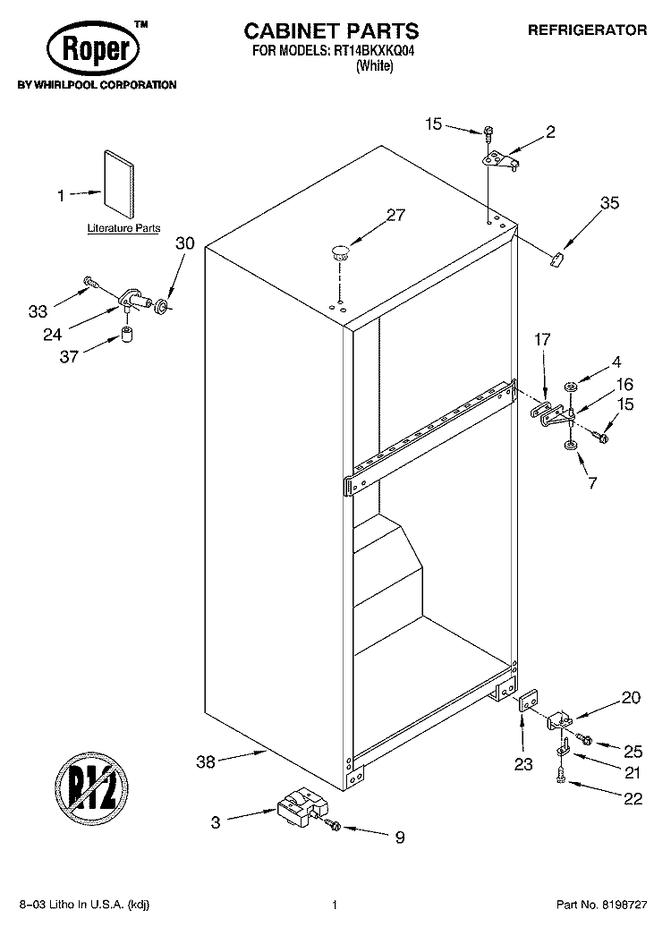 CABINET PARTS Diagram and Parts List for RT14BKXKQ04  Roper Refrigerator