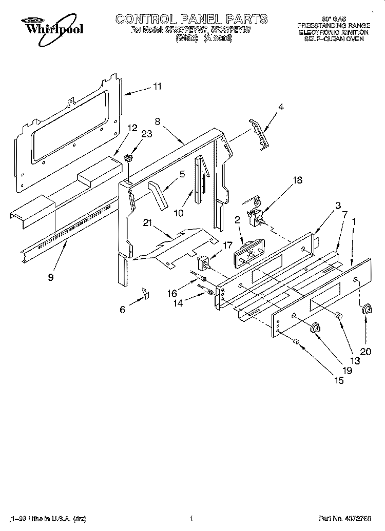 CONTROL PANEL Diagram and Parts List for SF367PEYW7  Whirlpool Range