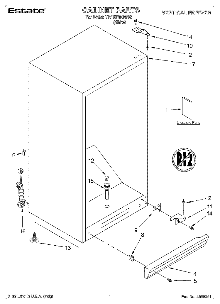CABINET, LITERATURE Diagram and Parts List for TVF15FRGW02  Whirlpool Freezer