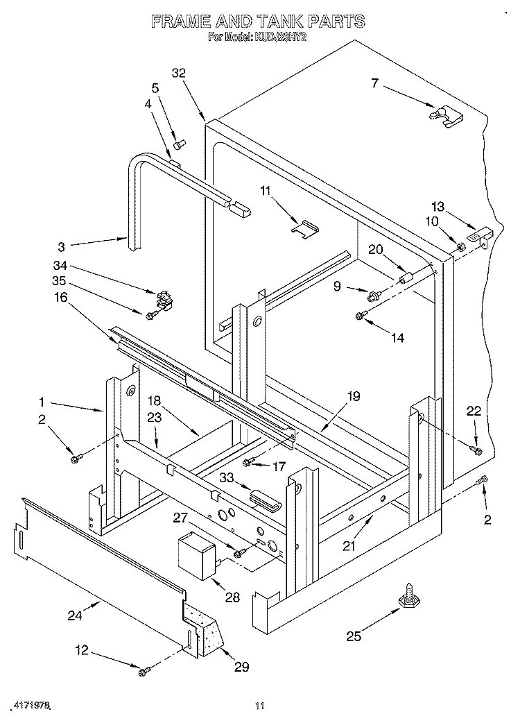 FRAME AND TANK Diagram and Parts List for KUDJ23HY2  KitchenAid Dishwasher