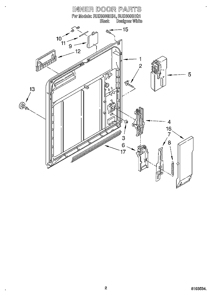 INNER DOOR Diagram and Parts List for RUD3000HB1  Roper Dishwasher