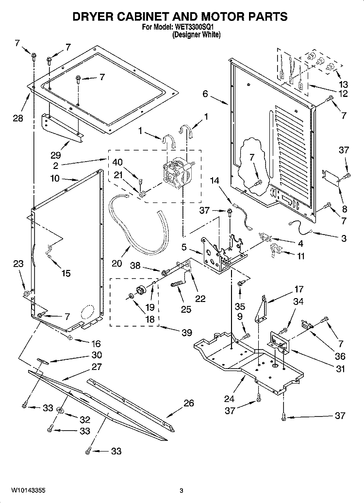 DRYER CABINET AND MOTOR PARTS Diagram and Parts List for WET3300SQ1  Whirlpool Washer Dryer Combo