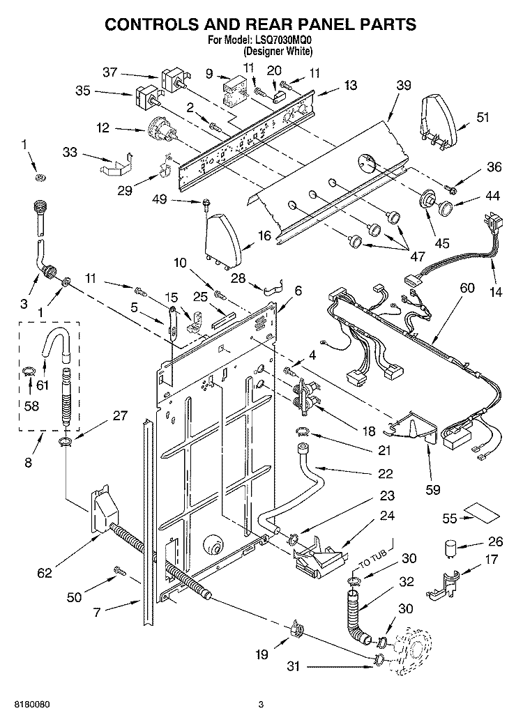 CONTROLS AND REAR PANEL PARTS Diagram and Parts List for LSQ7030MQ0  Whirlpool Washer