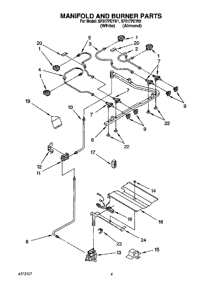 MANIFOLD AND BURNER Diagram and Parts List for SF317PEYN1  Whirlpool Range