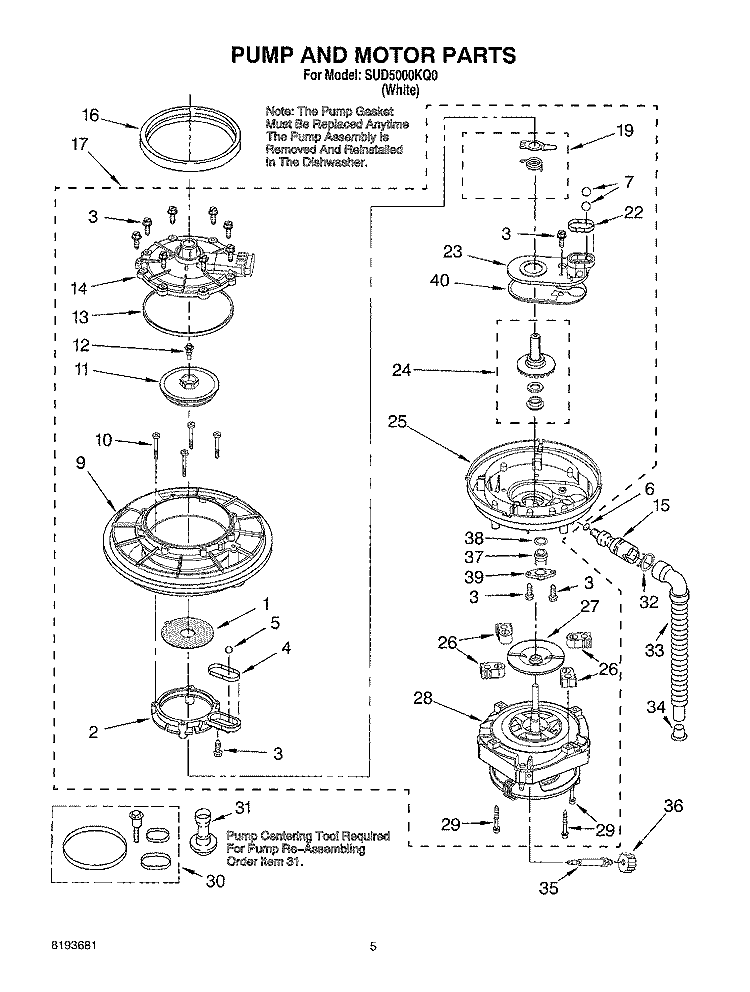 PUMP AND MOTOR Diagram and Parts List for SUD5000KQ0  Whirlpool Dishwasher