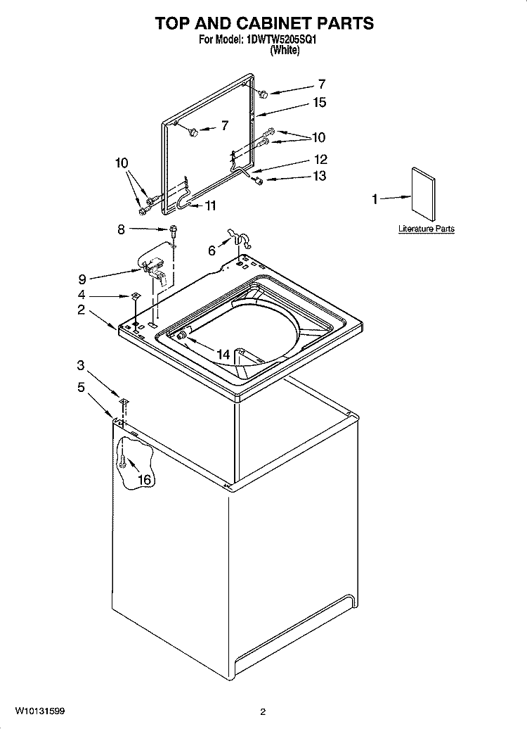 TOP AND CABINET PARTS Diagram and Parts List for 1DWTW5205SQ1  Whirlpool Washer