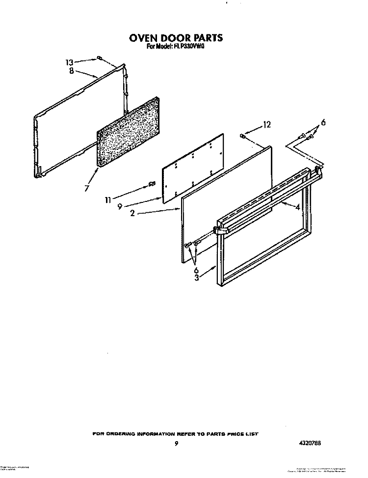 OVEN DOOR Diagram and Parts List for FLP330VW0  Roper Range