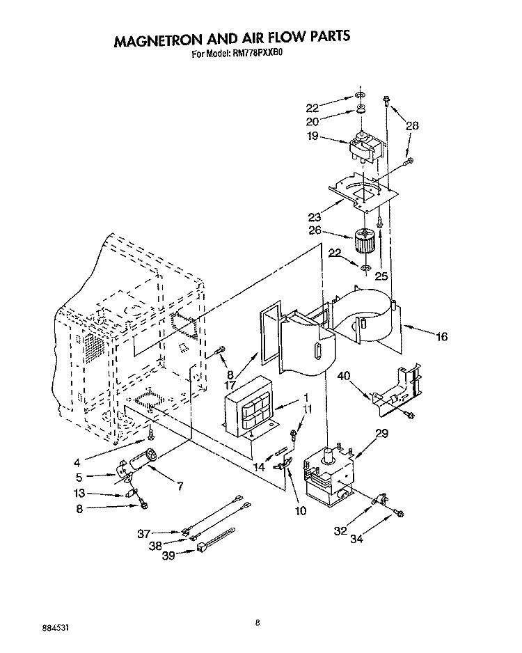 MAGNETRON AND AIR FLOW, OPTIONAL Diagram and Parts List for RM778PXXB0  Whirlpool Microwave Oven Combo