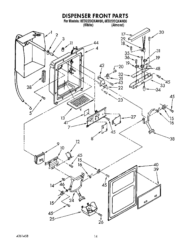 DISPENSER FRONT Diagram and Parts List for 8ED22DQXAN00  Whirlpool Refrigerator