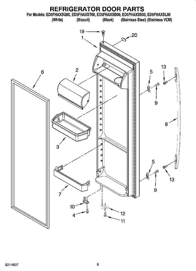REFRIGERATOR DOOR PARTS Diagram and Parts List for ED5FHAXSQ00  Whirlpool Refrigerator