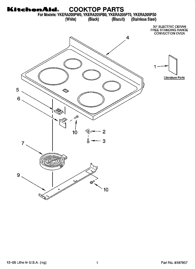 COOKTOP PARTS Diagram and Parts List for YKERA205PB0  KitchenAid Range
