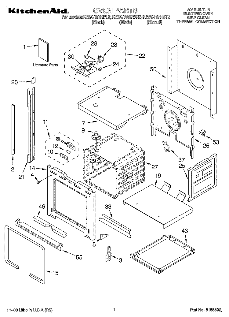 OVEN, LITERATURE Diagram and Parts List for KEBC107HWH2  KitchenAid Wall Oven