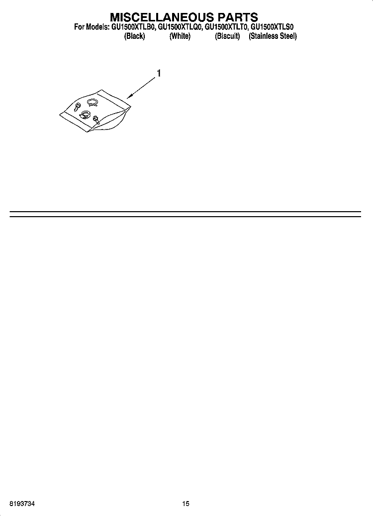MISCELLANEOUS PARTS Diagram and Parts List for GU1500XTLB0  Whirlpool Dishwasher