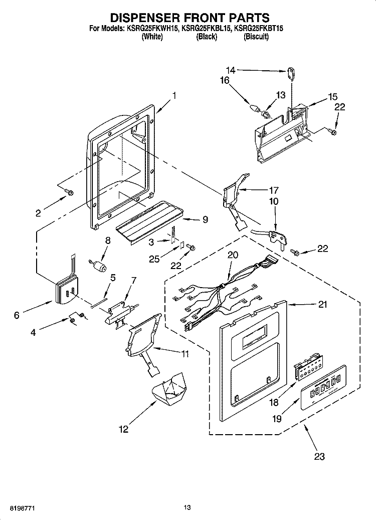 DISPENSER FRONT PARTS Diagram and Parts List for KSRG25FKBL15  KitchenAid Refrigerator