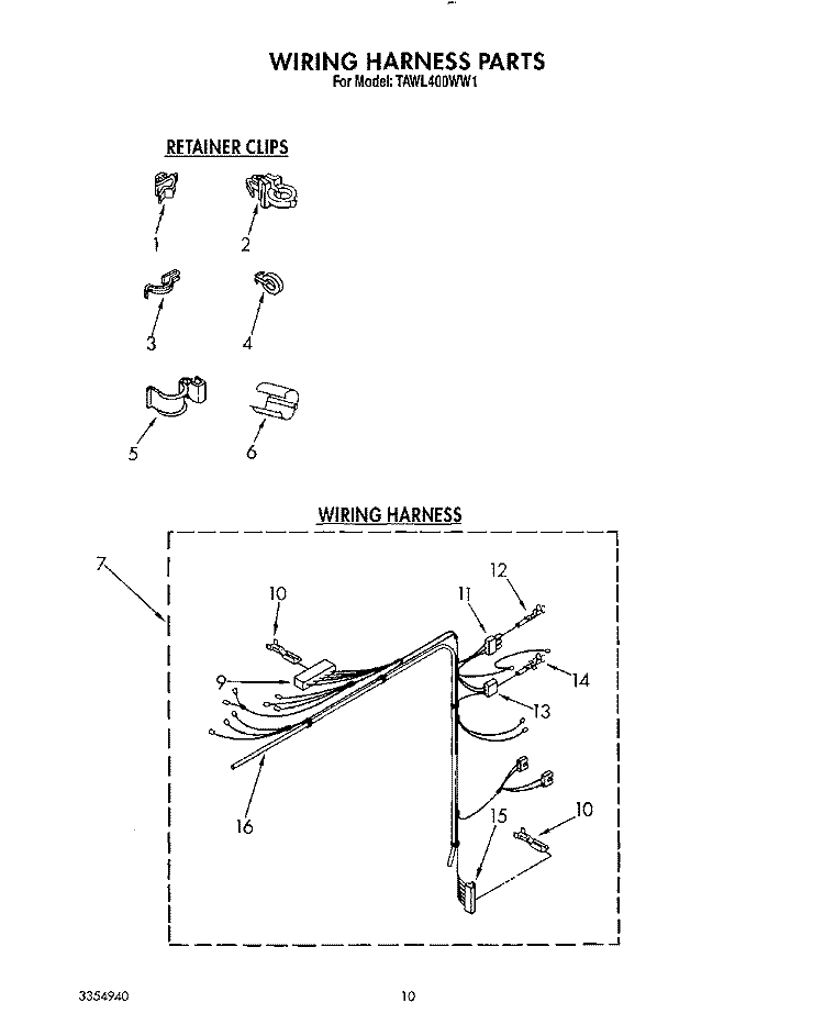 WIRING HARNESS Diagram and Parts List for TAWL400WW1  Estate Washer