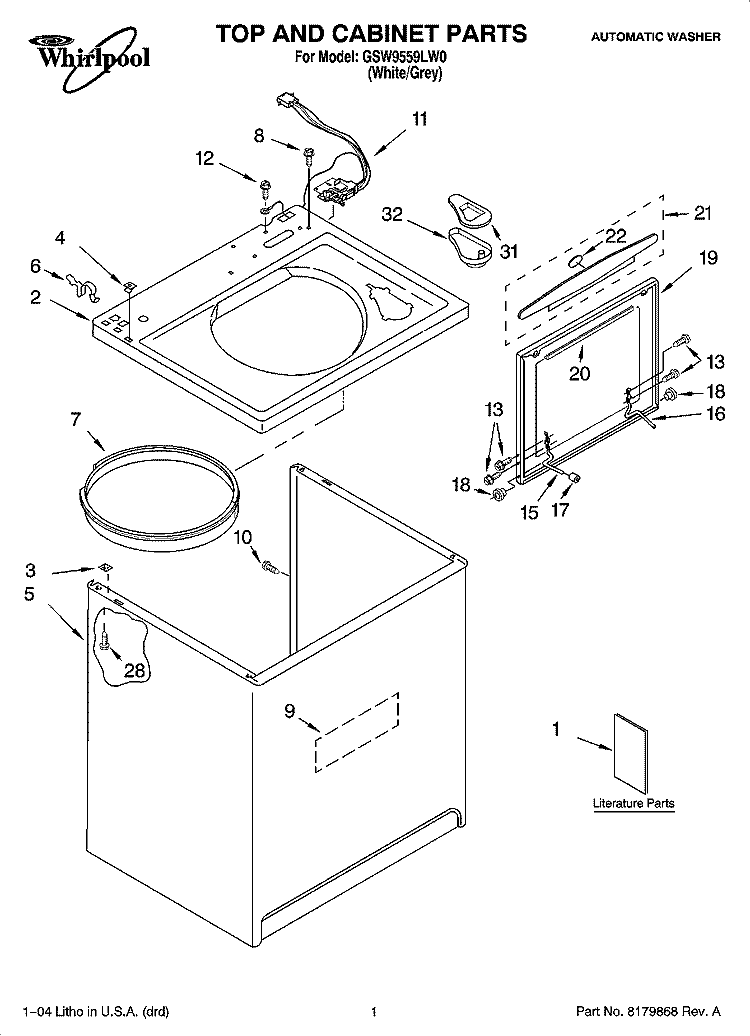 TOP AND CABINET PARTS Diagram and Parts List for GSW9559LW0  Whirlpool Washer