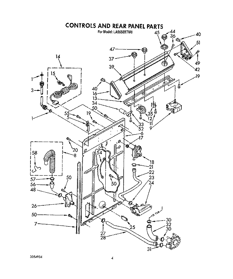 CONTROLS AND REAR PANEL Diagram and Parts List for LA5550XTG0  Whirlpool Washer