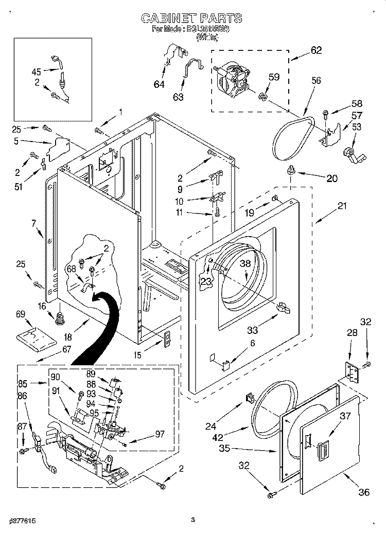 CABINET Diagram and Parts List for RGL3612BW3  Roper Dryer