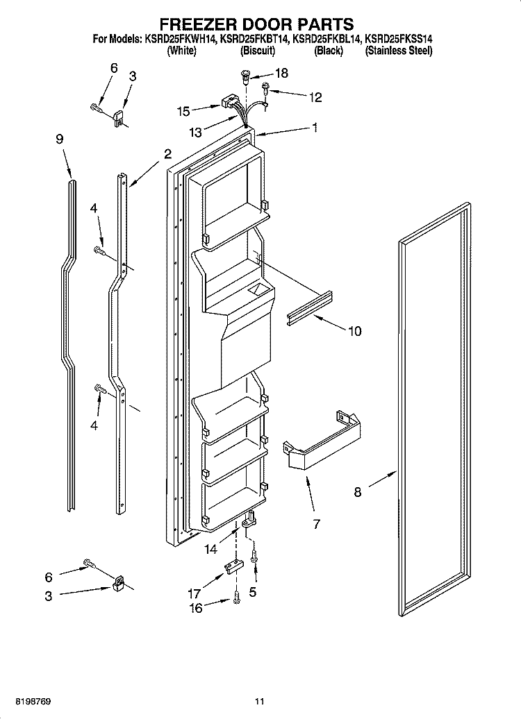 FREEZER DOOR PARTS Diagram and Parts List for KSRD25FKBL14  KitchenAid Refrigerator