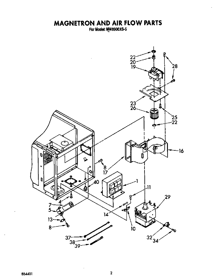 MAGNETRON AND AIR FLOW Diagram and Parts List for MW8900XS5  Whirlpool Microwave
