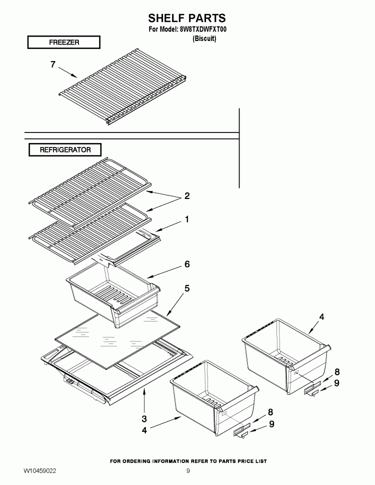 SHELF PARTS Diagram and Parts List for 8W8TXDWFXT00  Whirlpool Refrigerator