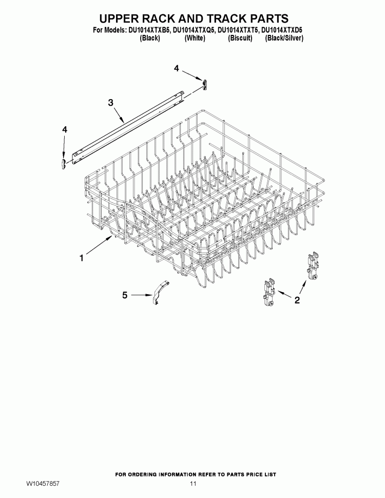 UPPER RACK AND TRACK PARTS Diagram and Parts List for DU1014XTXD5  Whirlpool Dishwasher