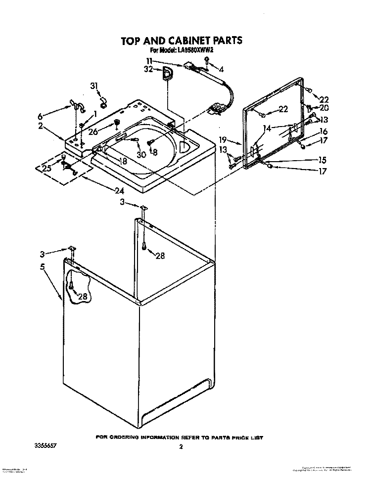 TOP AND CABINET, LIT/OPTIONAL Diagram and Parts List for LA8580XWN2  Whirlpool Washer