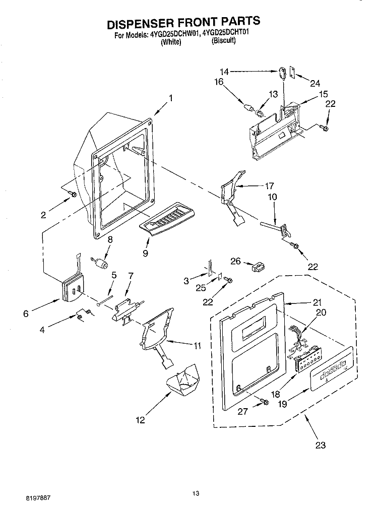 DISPENSER FRONT Diagram and Parts List for 4YGD25DCHW01  Whirlpool Refrigerator