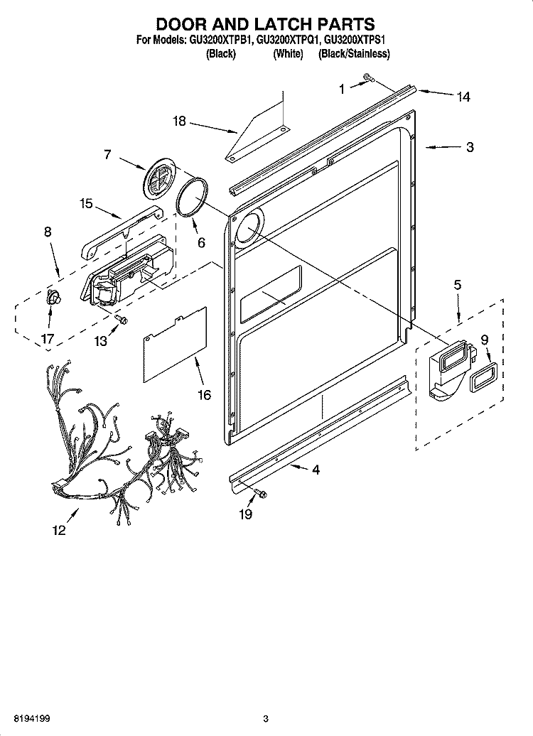 DOOR AND LATCH PARTS Diagram and Parts List for GU3200XTPB1  Whirlpool Dishwasher