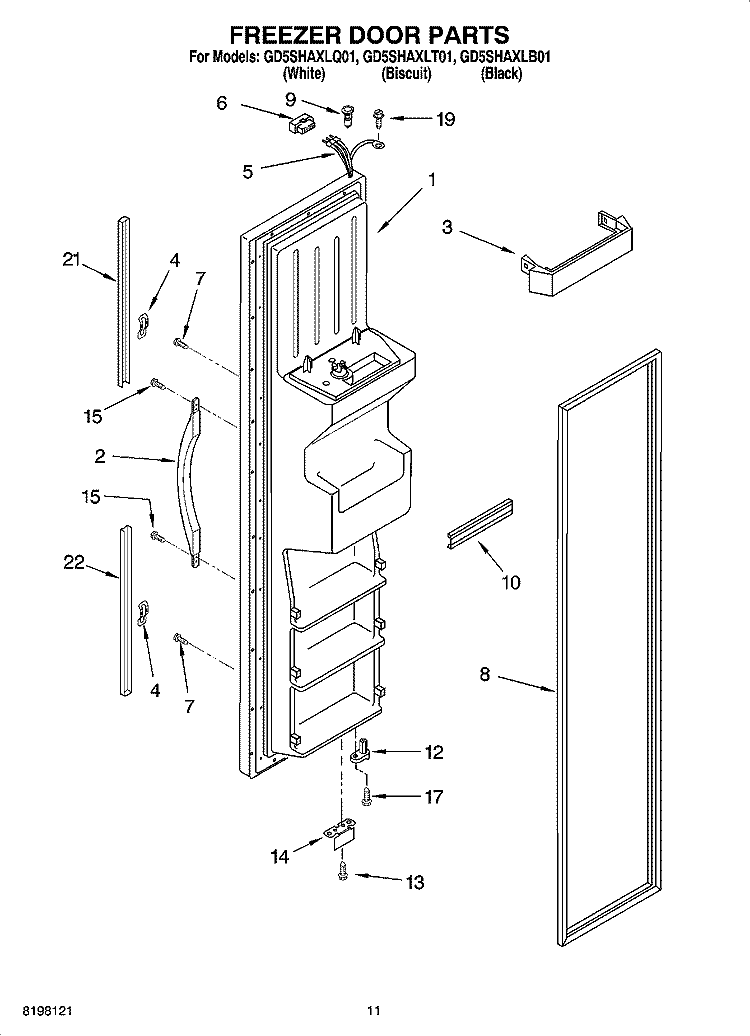 FREEZER DOOR PARTS Diagram and Parts List for GD5SHAXLT01  Whirlpool Refrigerator