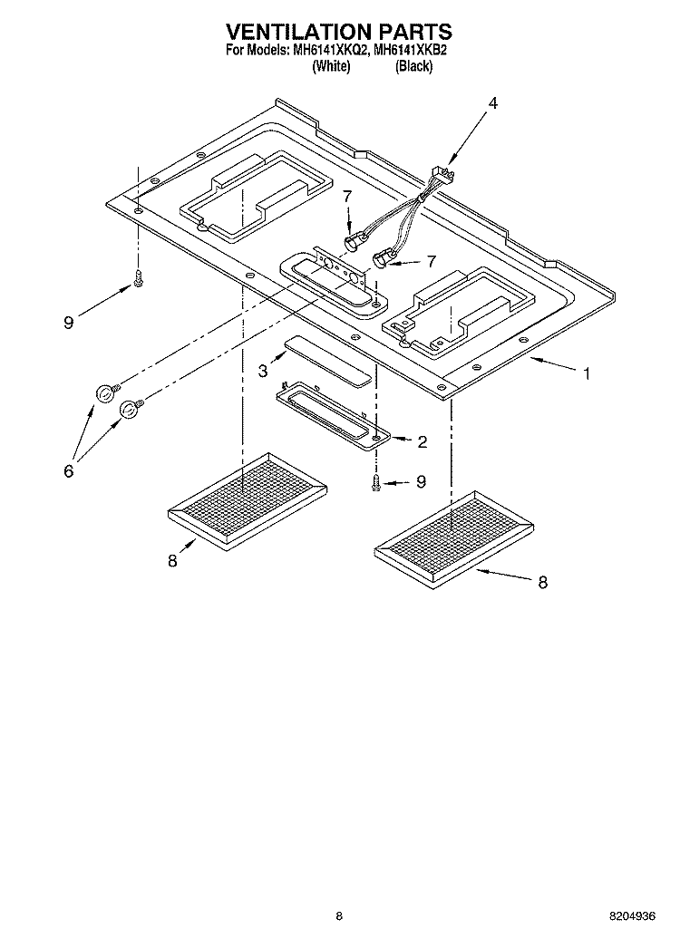 VENTILATION PARTS Diagram and Parts List for MH6141XKB2  Whirlpool Microwave