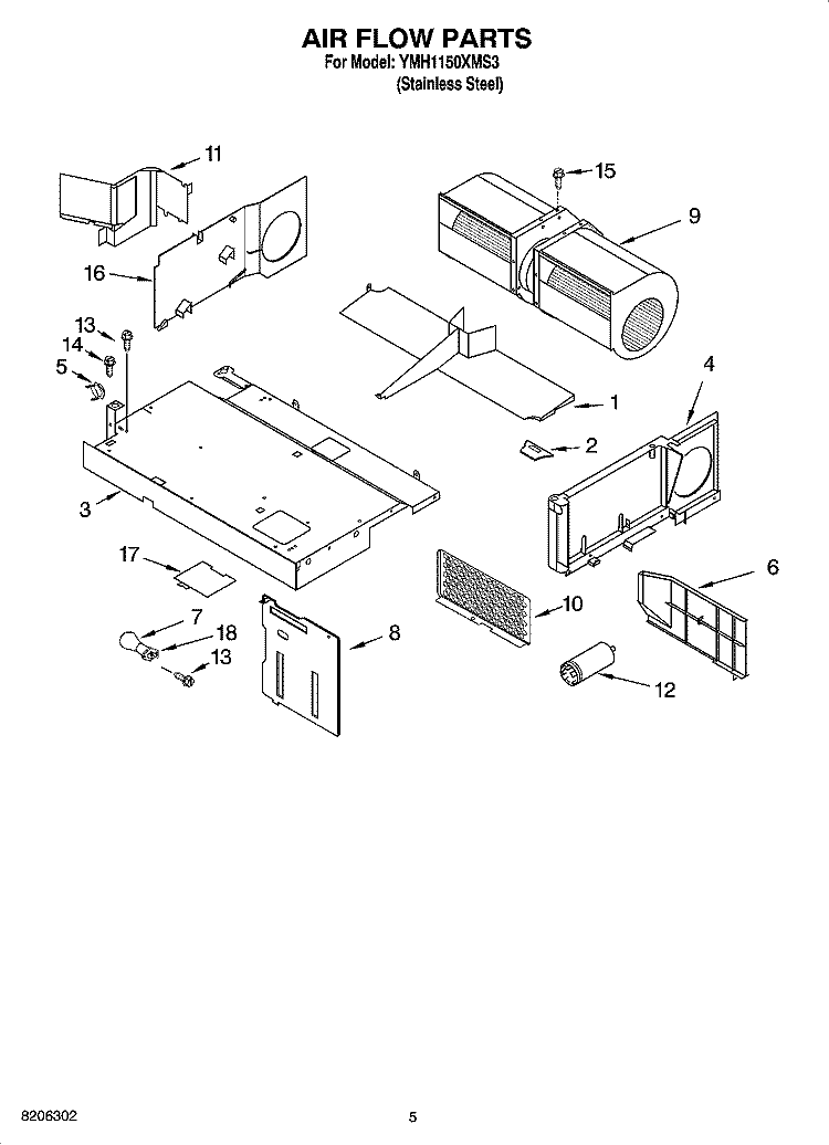 AIR FLOW PARTS Diagram and Parts List for YMH1150XMS3  Whirlpool Microwave
