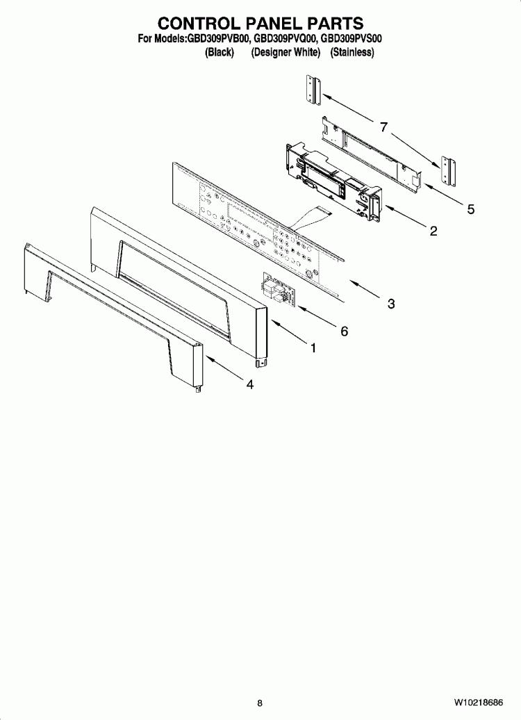 CONTROL PANEL PARTS Diagram and Parts List for GBD309PVS00  Whirlpool Wall Oven