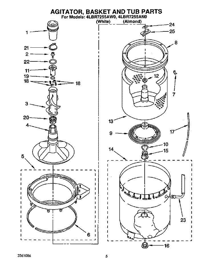 AGITATOR, BASKET AND TUB Diagram and Parts List for 4LBR7255AN0  Whirlpool Washer