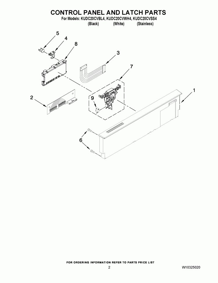 CONTROL PANEL AND LATCH PARTS Diagram and Parts List for KUDC20CVSS4  KitchenAid Dishwasher
