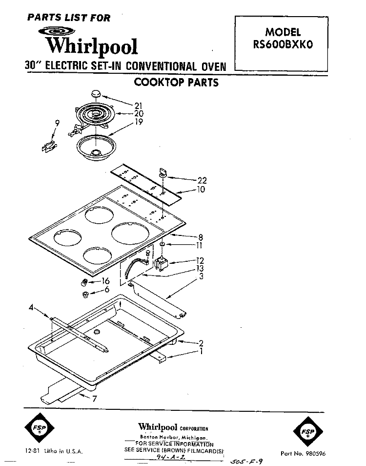 SECTION Diagram and Parts List for RS600BXK0  Whirlpool Range